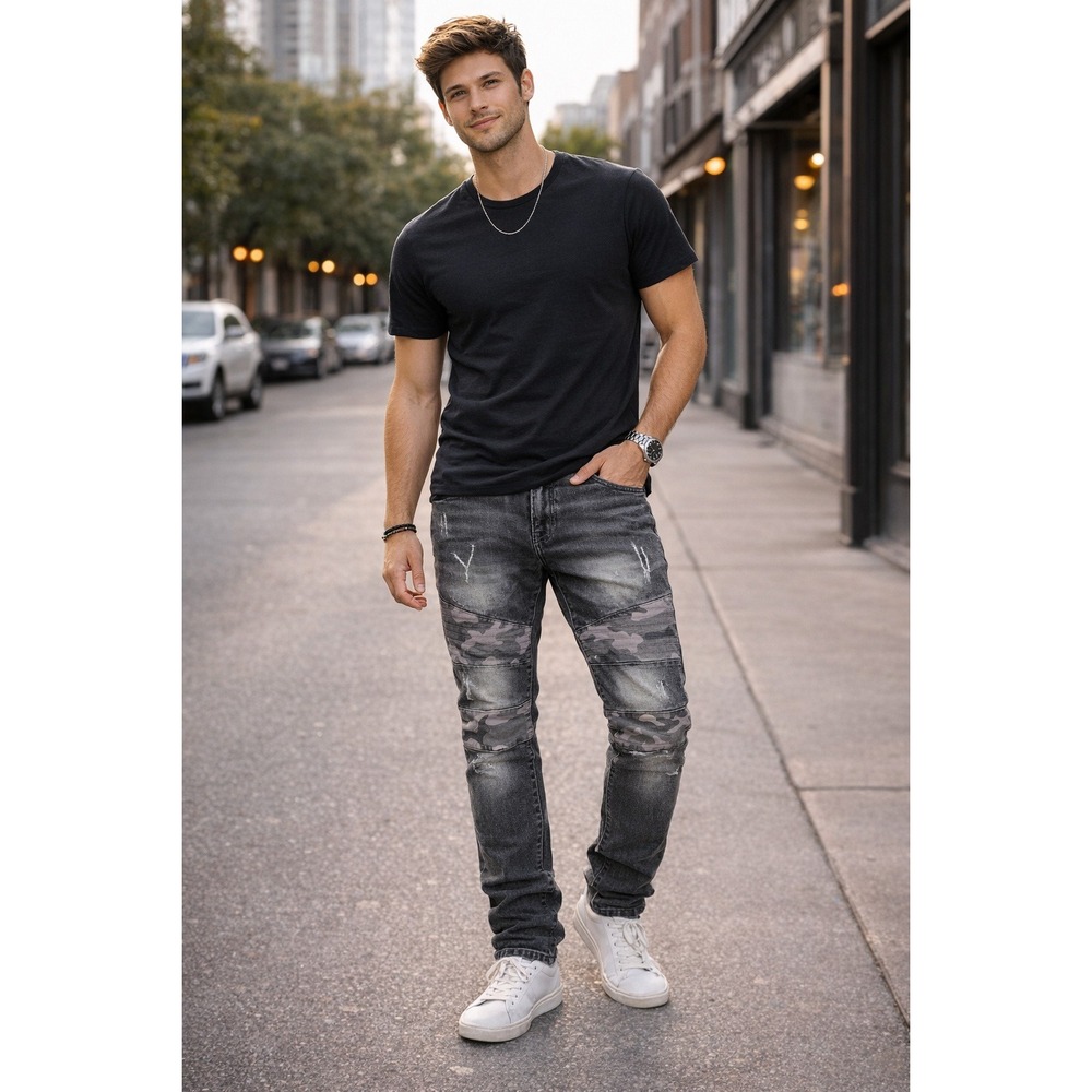 Y2K Southpole Mens Skinny Jeans 38x32 Black Faded Camo Moto Distressed Denim